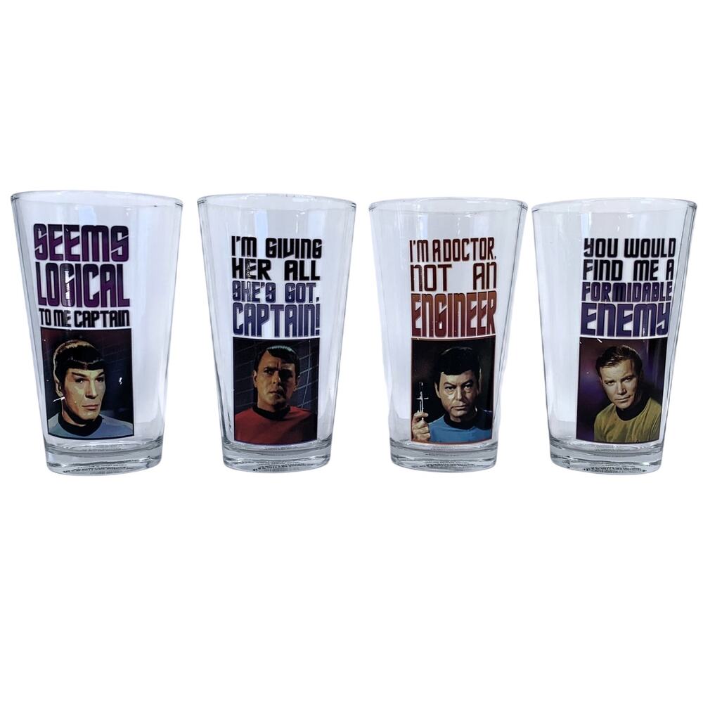 Vintage 2011 Vandor Star Trek Pint Glasses 4 Piece Spock, Scotty, McCoy, Kirk